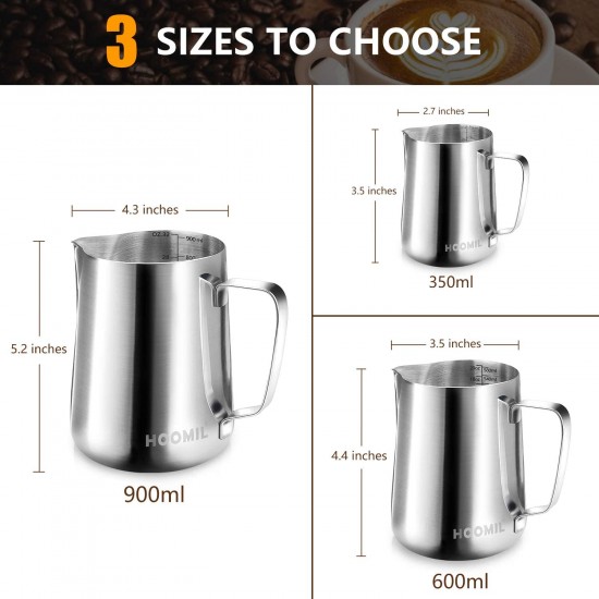 HOOMIL Milk Frothing Jug 350ml/600ml/900ml (12oz/20oz/32oz) Stainless